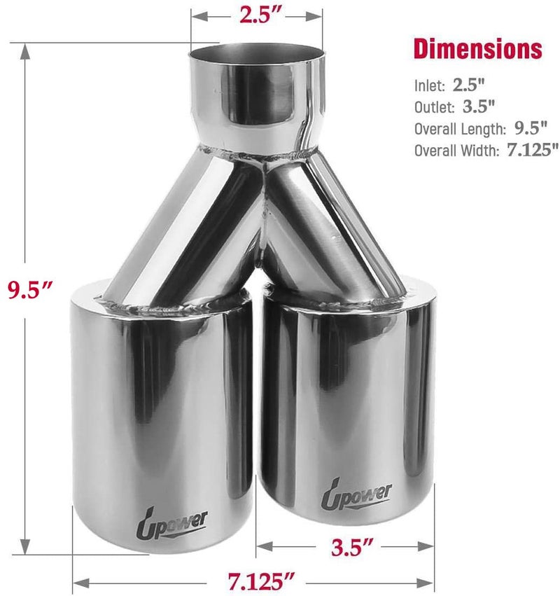 Upower أب باور 2.5" إلى 3.5" نصائح عادم مزدوجة متداخلة 2 1/2 بوصة مدخل 3 1/2 بوصة مخرج 9.5" طول 304 فولاذ مقاوم للصدأ مصقول ملحوم على جدار مزدوج مائل (عبوة من 2) - Image 2